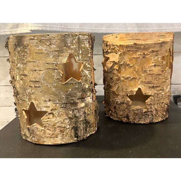 Set Of 2 Birch Bark Star Cutout Candle Holders Rustic Nature Decor - Picture 5 of 9